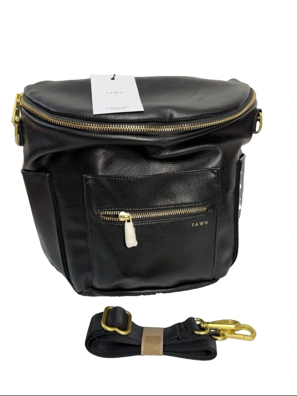 Fawn Design The Mini Black Faux Leather Backpack Diaper Bag Purse with Pockets